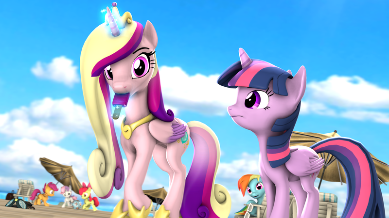 Size: 3840x2160 | Tagged: safe, artist:apexpredator923, derpibooru import, apple bloom, princess cadance, rainbow dash, scootaloo, sweetie belle, twilight sparkle, twilight sparkle (alicorn), alicorn, pony, 3d, cutie mark crusaders, food, goggles, magic, popsicle, source filmmaker