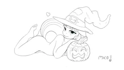 Size: 1280x720 | Tagged: anthro, artist:mricantdraw, barefoot, breasts, derpibooru import, feet, female, halloween, hat, holiday, jack-o-lantern, monochrome, plantigrade anthro, pumpkin, smiling, solo, solo female, suggestive, twilight sparkle, witch hat