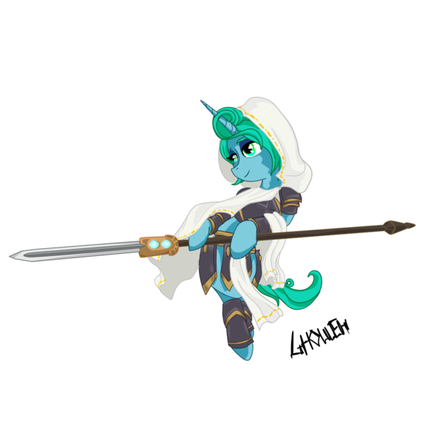 Size: 1000x1000 | Tagged: safe, artist:ghouleh, derpibooru import, oc, oc:clear diamond, unofficial characters only, pony, unicorn, armor, cloak, clothes, crossover, elspeth tirel, fantasy, female, godsend, hood, hooded cloak, magic the gathering, planeswalker, simple background, solo, spear, transparent background, weapon