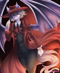 Size: 1024x1240 | Tagged: safe, artist:bunnywhiskerz, derpibooru import, oc, oc:crimson, unofficial characters only, anthro, bat pony, alucard, anime, bat pony oc, bat wings, clothes, cosplay, costume, crossover, digital art, hat, hellsing, hellsing ultimate, male, pants, patreon, patreon reward, smiling, solo, stallion, wings