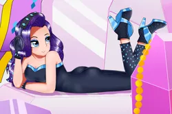 Size: 1968x1304 | Tagged: safe, artist:focusb, derpibooru import, rarity, human, equestria girls, equestria girls series, the other side, ass, bare shoulders, breasts, butt, cleavage, clothes, fabulous, female, gloves, headphones, high heels, human coloration, humanized, rearity, scene interpretation, sexy, shoes, sleeveless, solo, strapless, stupid sexy rarity
