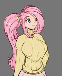Size: 1282x1573 | Tagged: safe, artist:scorpdk, derpibooru import, edit, fluttershy, bat pony, human, anime, big breasts, blushing, breasts, busty fluttershy, clothes, colored, female, flutterbat, gray background, grin, hair tie, hand on hip, humanized, lip bite, nervous, ponytail, race swap, sideways glance, simple background, smiling, soft color, solo, standing, sweat, sweatdrop, sweater, sweater puppies, sweatershy, turtleneck