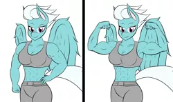 Size: 2520x1490 | Tagged: 1000 years in photoshop, abs, anthro, armpits, artist:calm wind, artist:matchstickman, biceps, breasts, cleavage, clothes, derpibooru import, female, fleetflex, fleetfoot, flexing, midriff, muscles, safe, solo, sports bra, workout outfit