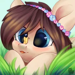 Size: 5000x5000 | Tagged: safe, artist:alphadesu, derpibooru import, oc, oc:tulip, unofficial characters only, butterfly, pony, absurd resolution, blushing, butterfly on nose, commission, cute, female, floral head wreath, flower, flower in hair, grass, insect on nose, mare, open mouth, sky, solo, ych result