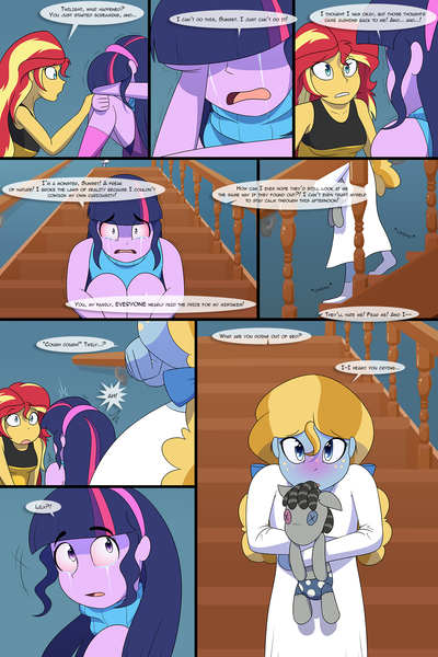 Size: 1280x1920 | Tagged: safe, artist:jase1505, artist:verumtee, deleted from derpibooru, derpibooru import, sci-twi, smarty pants, sunset shimmer, twilight sparkle, oc, oc:stargazer lily, comic:confessions, series:sunlight horizons, equestria girls, clothes, comic, coughing, crying, female, lesbian, offspring, pajamas, parent:night light, parent:pear butter, parents:pearlight, scitwishimmer, shipping, sick, sunsetsparkle, surprised, worried