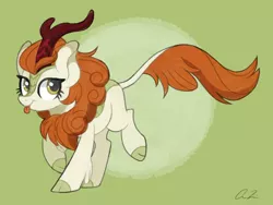 Size: 1600x1200 | Tagged: safe, artist:iheartjapan789, derpibooru import, autumn blaze, kirin, sounds of silence, :p, awwtumn blaze, cloven hooves, cute, female, gradient background, green background, prancing, signature, silly, simple background, solo, tongue out