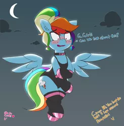 Size: 5014x5111 | Tagged: safe, artist:pabbley, derpibooru import, rainbow dash, pegasus, pony, semi-anthro, absurd resolution, adorasexy, beautiful, beautisexy, blushing, clothes, crescent moon, cute, dashabetes, dialogue, ear fluff, eye clipping through hair, female, flying, girly, hoof polish, humiliation, implied applejack, implied pinkie pie, leotard, lost bet, mare, moon, nail polish, open mouth, ponytail, qt, rainbow dash always dresses in style, sexy, socks, solo