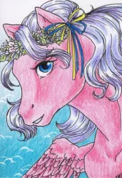 Size: 400x586 | Tagged: safe, artist:shaiyeh, derpibooru import, north star, pegasus, pony, aceo, female, floral head wreath, flower, g1, mare, solo, traditional art