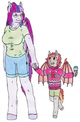 Size: 2052x3112 | Tagged: safe, artist:deathless-master, derpibooru import, oc, oc:antique rose, oc:pepper zest, anthro, bat pony, unguligrade anthro, anthro oc, bat pony oc, bat wings, clothes, female, food, glasses, grandmother, grandmother and grandchild, grandmother and granddaughter, ice cream, image, jpeg, offspring, parent:oc:savory zest, parent:oc:scarlet quill, parents:oc x oc, parents:scarlory, shirt, simple background, sweater, traditional art, white background, wings