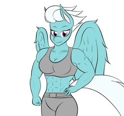 Size: 950x894 | Tagged: 1000 years in photoshop, abs, animated, anthro, armpits, artist:calm wind, artist:matchstickman, biceps, breasts, cleavage, clothes, derpibooru import, fleetflex, fleetfoot, flexing, frame by frame, midriff, muscles, one eye closed, safe, sports bra, wink, workout outfit