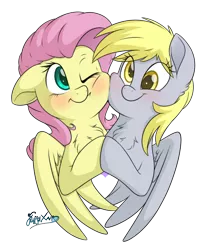 Size: 1600x1900 | Tagged: safe, artist:fluffyxai, derpibooru import, derpy hooves, fluttershy, pegasus, pony, blushing, bust, cheek squish, chest fluff, cute, derpabetes, derpyshy, female, holding hooves, lesbian, rubbing cheeks, shipping, shyabetes, simple background, smiling, spread wings, squishy cheeks, transparent background, wings
