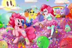 Size: 1280x849 | Tagged: safe, artist:jeglegator, derpibooru import, pinkie pie, pony, equestria girls, balloon, blue eyes, clothes, cloud, confetti, cutie mark, cutie mark on clothes, female, happy, human ponidox, mare, pink hair, pink mane, pinkie's mindspace, ponk, rainbow, running, self ponidox, signature, stars, streamers, sun, this will end in fun