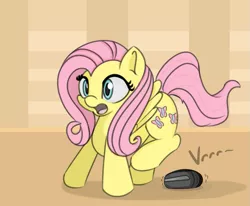 Size: 725x597 | Tagged: safe, artist:treekickerdraws, derpibooru import, fluttershy, pegasus, pony, adorable distress, cute, female, mare, open mouth, roomba, roombashy, shyabetes, solo, startled, surprised, vrrr, wings