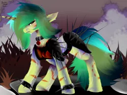 Size: 1600x1200 | Tagged: safe, artist:brainiac, derpibooru import, oc, oc:piper, pony, unicorn, fallout equestria, collar, female, floppy ears, fluffy, mare, raider, raider armor, scar, solo, spikes, sweat