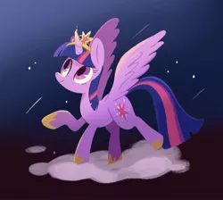 Size: 1718x1536 | Tagged: safe, artist:kuroorcas, derpibooru import, twilight sparkle, twilight sparkle (alicorn), alicorn, pony, big crown thingy, cloud, crown, cutie mark, element of magic, female, gradient background, hoof shoes, hooves, horn, jewelry, looking up, mare, on a cloud, regalia, solo, spread wings, standing on cloud, stars, tiara, wings