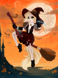 Size: 1620x2160 | Tagged: anthro, anthro oc, artist:zlatavector, bat, broom, derpibooru import, digital art, female, flying, flying broomstick, full moon, halloween, hat, holiday, moon, oc, pumpkin, safe, solo, unofficial characters only, witch, witch hat