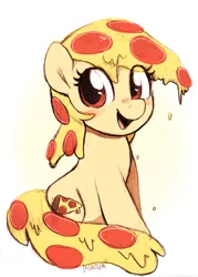 Size: 1405x1958 | Tagged: safe, artist:moozua, derpibooru import, oc, oc:mozzarella orgy, ponified, food pony, original species, pizza pony, pony, blushing, cute, dripping, female, food, looking at you, mare, ocbetes, open mouth, pizza, simple background, sitting, smiling, white background