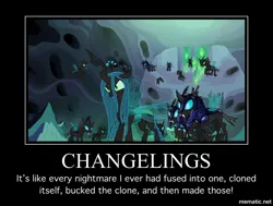 Size: 1000x755 | Tagged: cell jr, changeling, changeling armor, changeling guard, changeling hive, changeling queen, demotivational poster, derpibooru import, dragonball z abridged, edit, edited screencap, female, meme, queen chrysalis, safe, screencap, team four star, to where and back again, vegeta