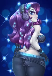 Size: 2359x3417 | Tagged: suggestive, artist:dankflank, artist:jaciii, derpibooru import, edit, rarity, equestria girls, equestria girls series, the other side, abstract background, ass, back, bedroom eyes, blushing, bra, breasts, busty rarity, butt, buttcrack, clothes, crystal, diamond, eyelashes, eyeshadow, female, gloves, headphones, high res, jewelry, looking at you, looking back, looking back at you, makeup, pants, pants down, partial nudity, rear view, rearity, sexy, smiling, solo, solo female, stupid sexy rarity, the ass was fat, thick, underwear, undressing