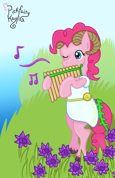 Size: 1024x1583 | Tagged: artist:pickfairy, bipedal, clothes, derpibooru import, flower, flute, greek mythology, musical instrument, music notes, one eye closed, pan flute, pan (god), pinkie pie, ram horns, safe, solo, toga