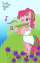 Size: 1024x1583 | Tagged: artist:pickfairy, bipedal, clothes, derpibooru import, flower, flute, greek mythology, musical instrument, music notes, one eye closed, pan flute, pan (god), pinkie pie, ram horns, safe, solo, toga