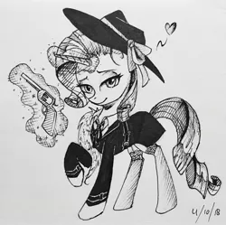 Size: 2825x2813 | Tagged: safe, artist:yuntaoxd, derpibooru import, rarity, pony, unicorn, rarity investigates, clothes, coat, detective rarity, gun, handgun, hat, heart, levitation, looking at you, magic, monochrome, revolver, socks, solo, stockings, telekinesis, thigh highs, traditional art, weapon