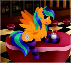 Size: 951x839 | Tagged: safe, artist:mshy, derpibooru import, oc, oc:naarkerotics, unofficial characters only, pegasus, pony, bar, clothes, commission, drink, socks, solo, straw, striped socks, ych result