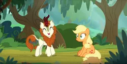 Size: 1315x661 | Tagged: safe, derpibooru import, screencap, applejack, autumn blaze, earth pony, kirin, pony, sounds of silence, awwtumn blaze, cloven hooves, cowboy hat, cute, duo, female, forest, hat, mare