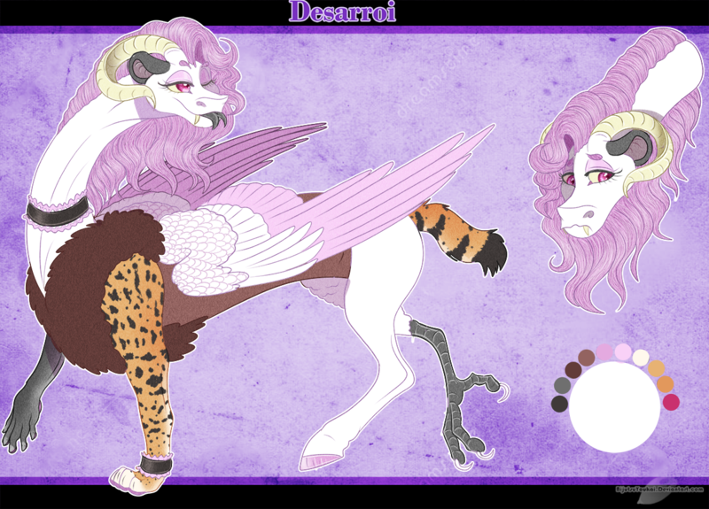 Size: 1212x871 | Tagged: safe, artist:bijutsuyoukai, derpibooru import, oc, oc:desarroi, draconequus, crack ship offspring, female, forked tongue, interspecies offspring, offspring, parent:discord, parent:fleur-de-lis, parents:fleur-de-cord, purple background, ram horns, reference sheet, simple background, solo, tongue out