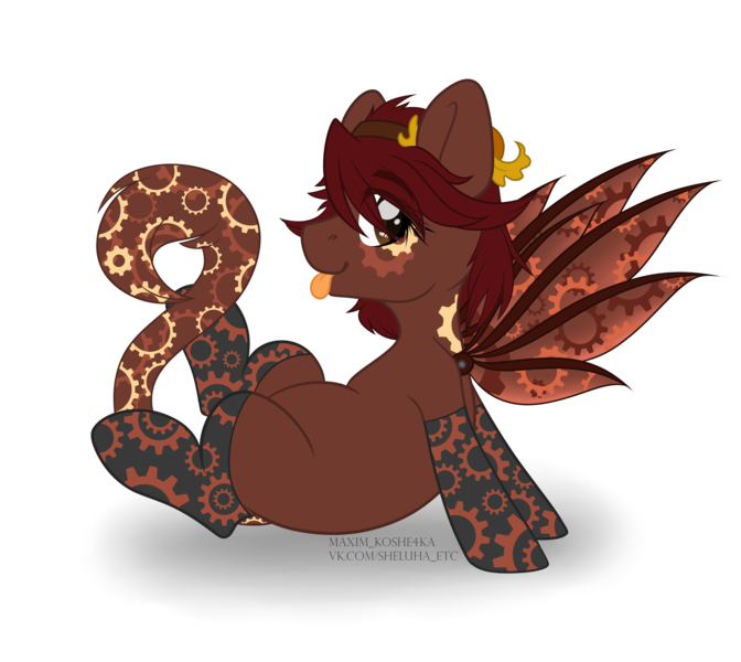 Size: 4584x4091 | Tagged: safe, artist:hellishprogrammer, derpibooru import, oc, oc:dusty gear, unofficial characters only, cyborg, pegasus, pony, absurd resolution, clothes, commission, female, headband, leonine tail, mare, simple background, socks, solo, steampunk, tongue out, transparent background, ych result