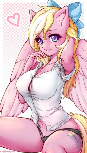 Size: 2239x3915 | Tagged: adorasexy, anthro, anthro oc, armpits, artist:kindpineapple, big breasts, black underwear, blouse, bow, breasts, cleavage, clothes, commission, cute, derpibooru import, erect nipples, female, hair bow, looking at you, mare, nipple outline, oc, oc:bay breeze, panties, pegasus, ribbon, sexy, shirt, solo, suggestive, tight clothing, underwear, unofficial characters only, ych result