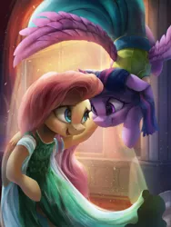 Size: 3000x4000 | Tagged: safe, artist:vanillaghosties, derpibooru import, fluttershy, twilight sparkle, twilight sparkle (alicorn), alicorn, pegasus, pony, backlighting, clothes, costume, cute, dress, duo, female, frozen fever, indoors, looking at each other, mare, smiling, spread wings, vanillaghosties is trying to murder us, wings