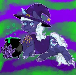 Size: 665x654 | Tagged: safe, artist:peachy-pea, derpibooru import, oc, unofficial characters only, pony, unicorn, cauldron, clothes, costume, female, halloween, halloween costume, hat, holiday, solo, witch, witch hat