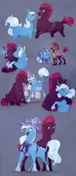 Size: 900x2070 | Tagged: safe, artist:vindhov, derpibooru import, tempest shadow, trixie, oc, oc:moxie fizzlepop, classical unicorn, pony, unicorn, armor, baby, baby carrier, baby pony, blank flank, blushing, broken horn, cape, clothes, cloven hooves, colored hooves, crack shipping, curved horn, eye scar, female, flirting, gray background, hat, horn, leonine tail, lesbian, magic, magical lesbian spawn, mare, missing cutie mark, next generation, offspring, parent:tempest shadow, parent:trixie, parents:tempestrix, pregnant, royal guard, scar, scar on the wrong side, shipping, simple background, smiling, socks (coat marking), sparking horn, telekinesis, tempest becomes a royal guard, tempestrix, trixie's cape, trixie's hat, unshorn fetlocks