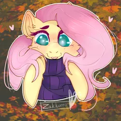 Size: 1024x1024 | Tagged: safe, artist:zakkurro, derpibooru import, fluttershy, pegasus, pony, :p, autumn, bust, cheek fluff, clothes, cute, eyebrows, female, full face view, heart, heart eyes, mare, portrait, scarf, shyabetes, silly, smiling, solo, tongue out, wingding eyes