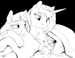 Size: 1280x989 | Tagged: safe, artist:silfoe, derpibooru import, princess luna, twilight sparkle, twilight sparkle (alicorn), oc, oc:pterus, alicorn, bat pony, pony, royal sketchbook, adopted offspring, bed, bed hair, black and white, black background, colt, doll, female, foal, grayscale, lesbian, magical lesbian spawn, male, mama twilight, maternal instinct, maternaluna, monochrome, mother and child, mother and son, offspring, parent:princess luna, parent:twilight sparkle, parents:twiluna, shipping, silfoe is trying to murder us, simple background, sleeping, teddy bear, toy, twiluna, ursa plush, wing blanket