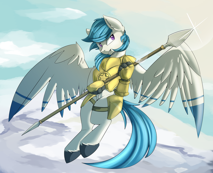 Size: 5344x4352 | Tagged: absurd resolution, armor, artist:beardie, commission, derpibooru import, flying, oc, oc:delta dart, safe, solo, spear, unofficial characters only, weapon