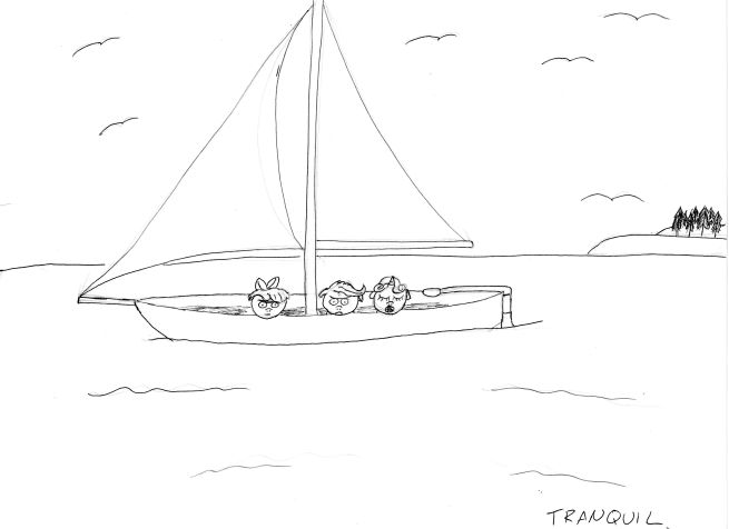 Size: 655x476 | Tagged: apple bloom, artist:tascoby, boat, cutie mark crusaders, derpibooru import, inktober, inktober 2018, ocean, safe, sailboat, scootaloo, sweetie belle