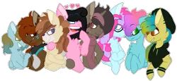 Size: 1045x481 | Tagged: artist:moonlightdisney5, chest fluff, clothes, derpibooru import, group photo, group shot, hearts above head, oc, oc:alexa, oc:clear skye, oc:maple festival, oc:moonlight, oc:seafoam scribbles, oc:strawberry pie, oc:synchronize, safe, scarf, shipping, simple background, transparent background, unofficial characters only