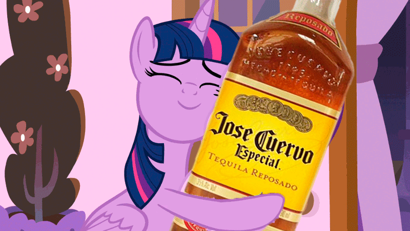 Size: 800x450 | Tagged: safe, artist:mlpfbismagic, derpibooru import, edit, edited screencap, screencap, twilight sparkle, twilight sparkle (alicorn), alicorn, pony, a royal problem, alcohol, animated, blackletter, food, gif, happy, i can't believe it's not dwk, tequila