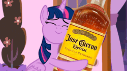 Size: 800x450 | Tagged: safe, artist:mlpfbismagic, derpibooru import, edit, edited screencap, screencap, twilight sparkle, twilight sparkle (alicorn), alicorn, pony, a royal problem, alcohol, animated, blackletter, food, gif, happy, i can't believe it's not dwk, tequila