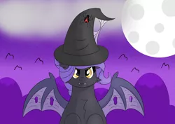 Size: 7016x4961 | Tagged: safe, artist:syncedsart, derpibooru import, oc, oc:misty night, bat pony, absurd resolution, bat pony oc, bat wings, canterlot avenue, clothes, contest, contest entry, cute, digital art, event, female, full moon, halloween, hat, holiday, mare, moon, simple background, solo, wings, witch