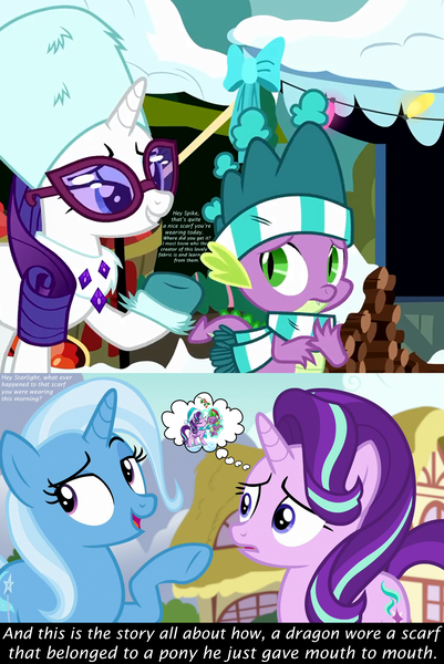 Size: 2000x2992 | Tagged: safe, artist:art-2u, artist:titanium-pony, derpibooru import, edit, edited screencap, screencap, rarity, spike, starlight glimmer, trixie, best gift ever, clothes, dialogue, female, it was at this moment that she knew she fucked up, kissing, love triangle, male, mistletoe, scarf, shipping, snow, sparity, sparlight, straight, text, the fresh prince of bel-air