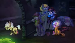 Size: 1500x865 | Tagged: safe, artist:limreiart, derpibooru import, pinkie pie, oc, oc:blackjack, oc:firefly, oc:gray stillness, oc:littlepip, oc:murky, oc:puppysmiles, cyborg, earth pony, pegasus, pony, unicorn, fallout equestria, fallout equestria: enclave's shadow, fallout equestria: murky number seven, fallout equestria: pink eyes, fallout equestria: project horizons, fanfic, angry, canterlot ghoul, chest fluff, clothes, eyes closed, fallout equestria: promise, fanfic art, female, filly, floppy ears, foal, grand pegasus enclave, hazmat suit, hoof fluff, hooves, horn, mare, ministry of awesome, nervous, open mouth, pipbuck, plushie, scared, sitting, sweat, teeth, vault suit