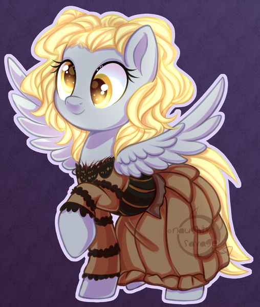 Size: 700x827 | Tagged: safe, artist:cabbage-arts, derpibooru import, derpy hooves, pegasus, pony, alternate hairstyle, blonde, clothes, crossover, cute, derpabetes, dress, elegant, female, mare, smiling, solo, sweeney todd