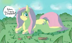 Size: 1280x765 | Tagged: artist:fuzzypones, blushing, blush sticker, boop request, derpibooru import, fluffy, fluttershy, prone, safe, solo, speech bubble, unshorn fetlocks, wingless