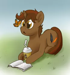 Size: 2060x2211 | Tagged: safe, artist:qyufreik, derpibooru import, oc, oc:shadowheart, unofficial characters only, butterfly, pony, unicorn, book, coffee, golden eyes, grass, high res, lying in grass, male, monarch butterfly, open mouth, park, solo, stallion, starbucks