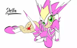 Size: 2560x1600 | Tagged: safe, artist:navanastra, derpibooru import, oc, oc:stella, unofficial characters only, cyborg, pony, cute, cute little fangs, cutie mark, fangs, female, mare, simple background, sketch, solo, white background