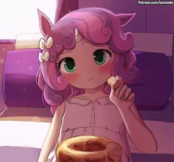 Size: 750x698 | Tagged: artist:lumineko, blushing, cake, clothes, crossover, cute, derpibooru import, diasweetes, eared humanization, eating, female, food, horn, horned humanization, human, humanized, safe, shirt, solo, sweetie belle, uma musume pretty derby