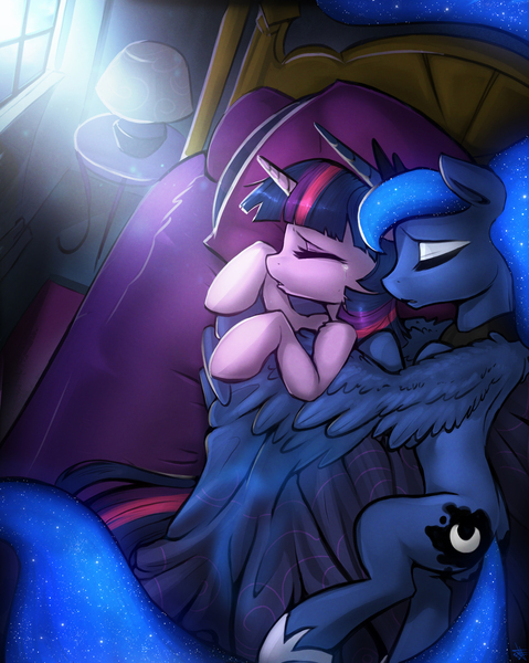 Size: 2075x2600 | Tagged: safe, artist:fidzfox, derpibooru import, princess luna, twilight sparkle, twilight sparkle (alicorn), alicorn, pony, bed, comforting, crying, cuddling, cute, ethereal mane, female, floppy disks in the comments, hoof shoes, hug, lesbian, lunabetes, mare, shipping, sleeping, spooning, starry mane, sweet dreams fuel, twiabetes, twiluna, wing blanket, winghug